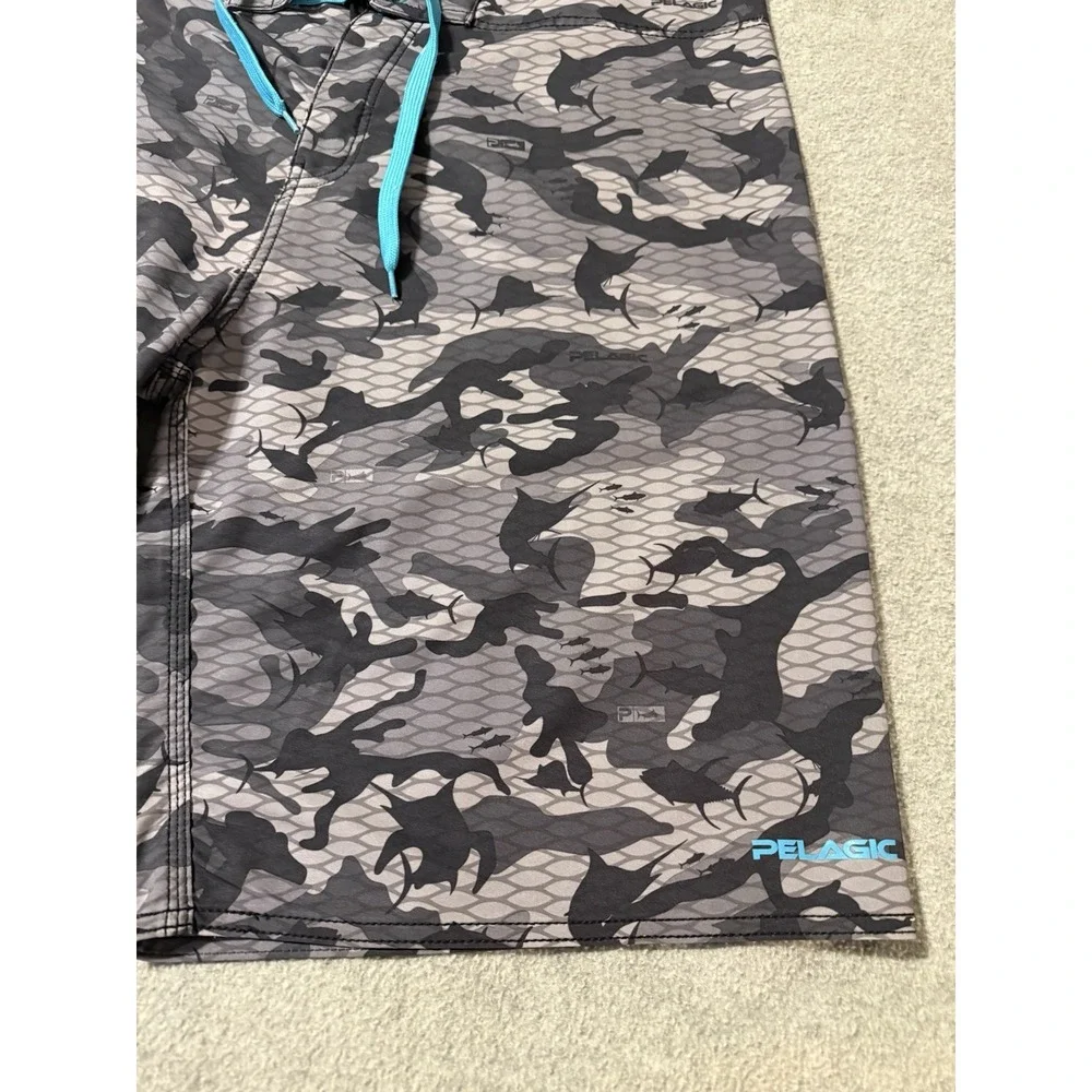 Pelagic 4Tek Fish Camo 2 Gray Board Shorts Men 40 Swim Trunks Pocket Drawstring